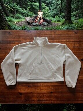 TNA Sherpa Pullover Polar Fleece in Cream With 1/2 Zip W Kangaroo Pocket Aritzia